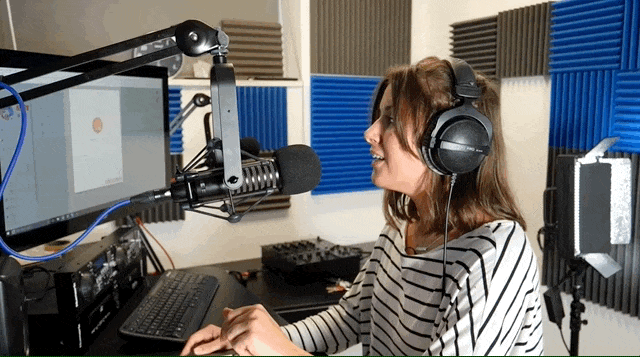 Gif shows a woman adding a recorded voice track to her playlist in Radio.co