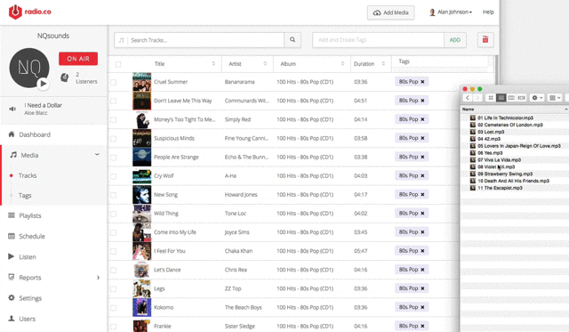 This is a gif of the uploading tracks instructions given above, and visualises them. The dashboard is white with a dark grey icon on the left.