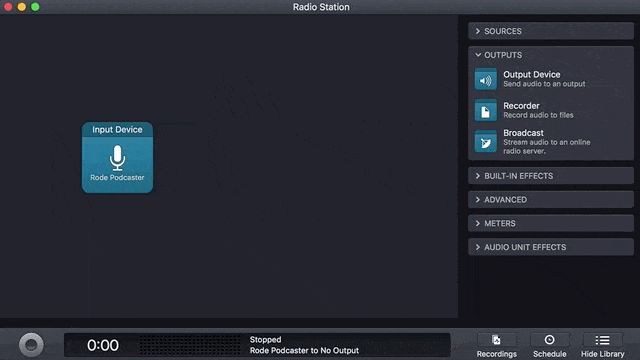 Gif shows the broadcast block being dragged into an Audio Hijack session and connected to the Input Device block.