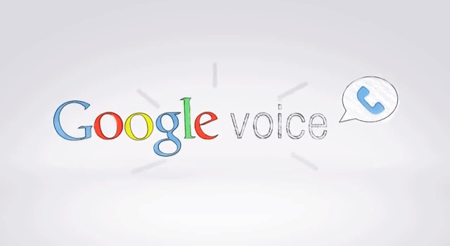 This is the logo for the Google Voice App. A neutral white backdrop with the rainbow Google word, a small telephone in a speech bubble, and voice next to it.