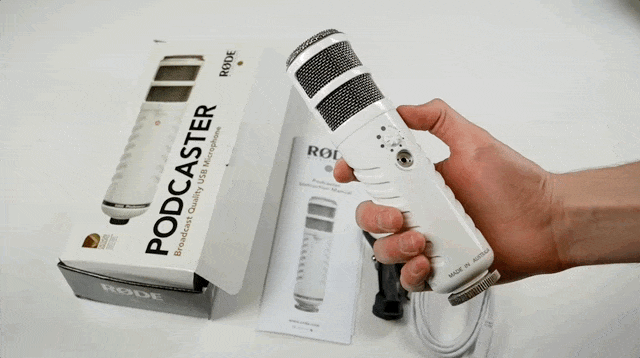 Gif shows someone turning over the Rode Podcaster in their hand.
