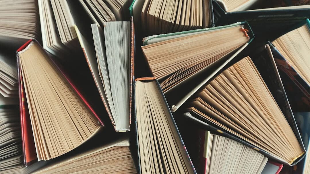 Image shows several books, taken from a birds-eye view.