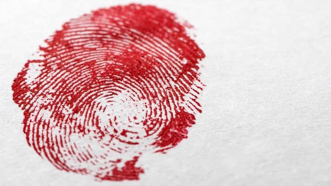 Image shows a bloody fingerprint on paper.
