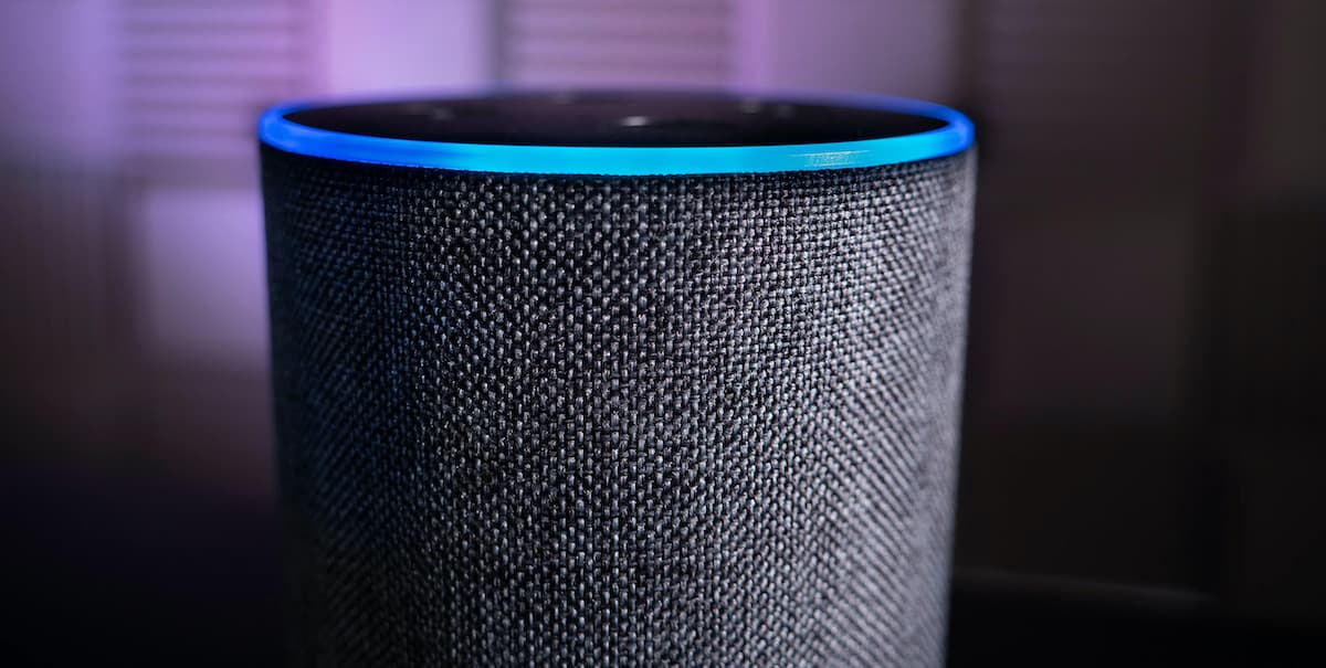 Image shows a close up of a turned on smart speaker.