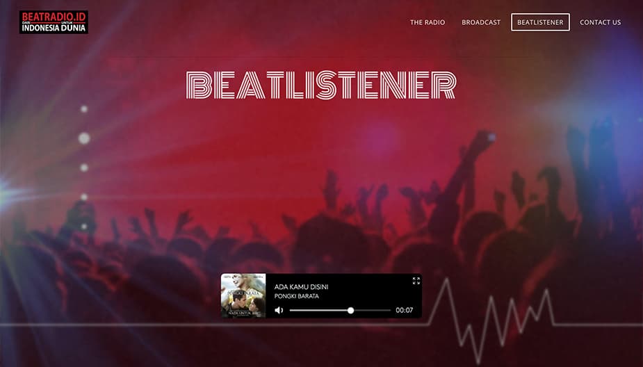 This is an image of the Beatlistener homepage. It is a red and rainbow flared image of a club. In the bottom of the image is the 'Now Playing" bar, at the top is the BeatListener logo, all against silhouettes of dancers.