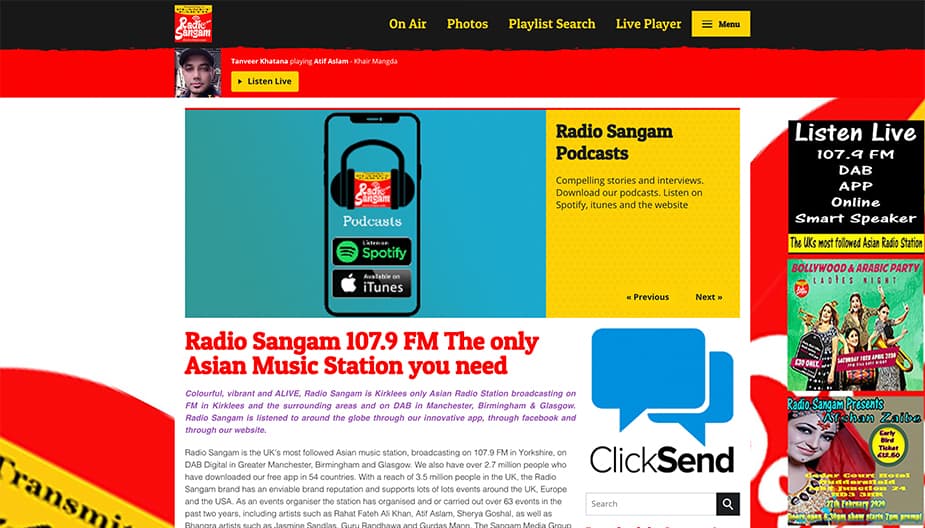 This is a screenshot of the homepage of Radio Sangam. It is a webpage with a red banner and red and yellow bubbles across it. The image shows various image within the homepage and bits of indicipherable text.