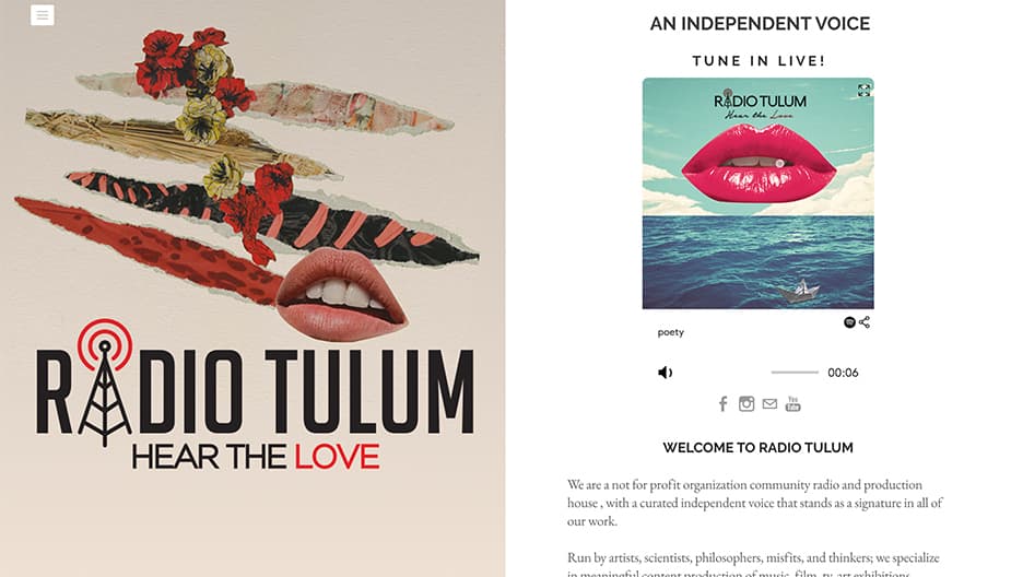 This is a screenshot of the homepage of Radio Tulum. It is a white homepage. On the left is a graphic with a pair of lips against a white backdrop, and 4 colourful tears of paper that look like surfboards. On the right is a now playiing screenshot with a graphic of pink lips on a blue sea backdrop.