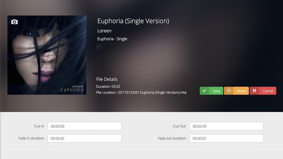 This is a screenshot of the new Radio.co track editor. There is album art work for a song by Loreen in the left hand side of the image. Below it is a grey list of tracks and features, ilegible.