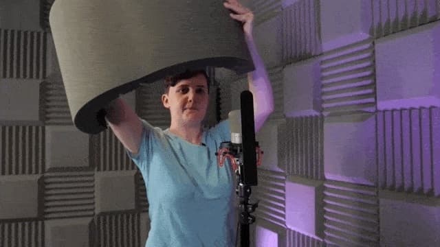Image shows a woman lifting up the Pro Acoustic Foam Microphone screen.