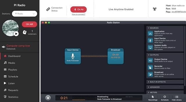 Image shows the Radio.co dashboard and Audio Hijack window when broadcasting live from Audio Hijack to a radio station.