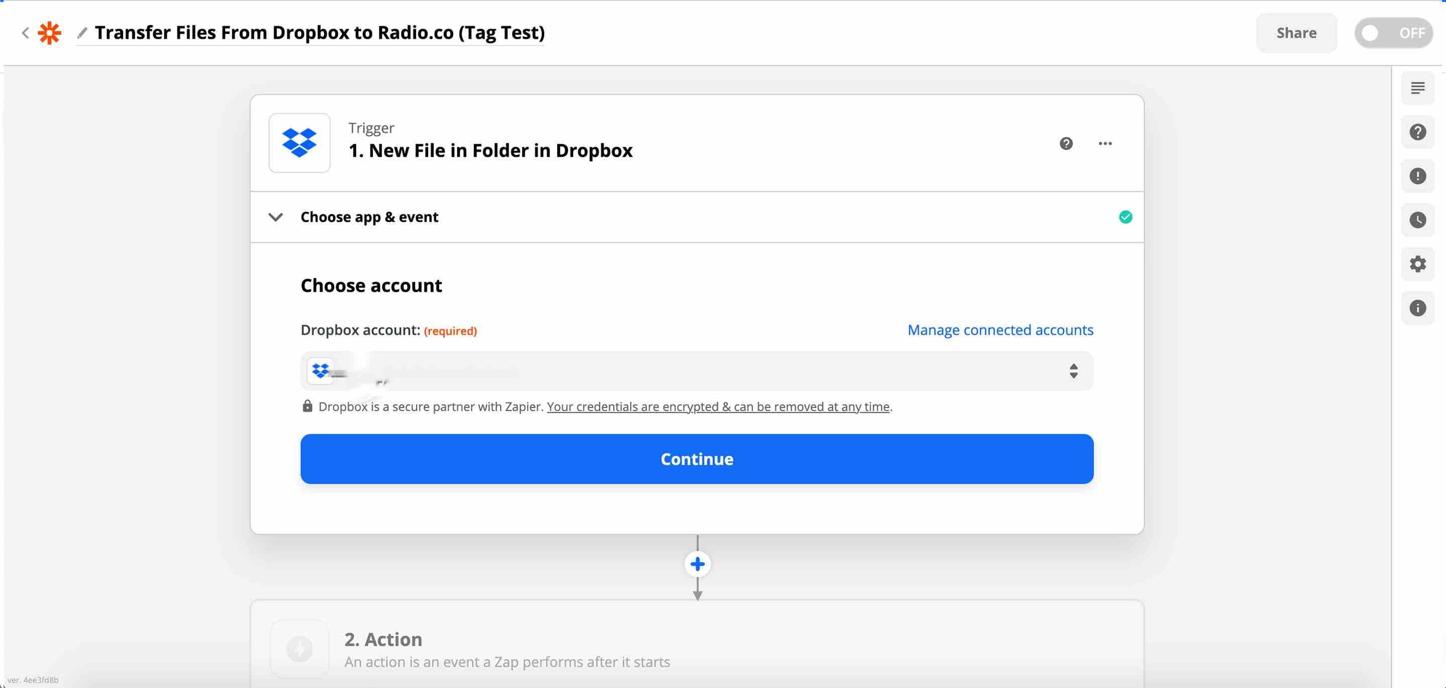 Image is a screenshot showing the Trigger window in Zapier with a dropdown to select Dropbox account.