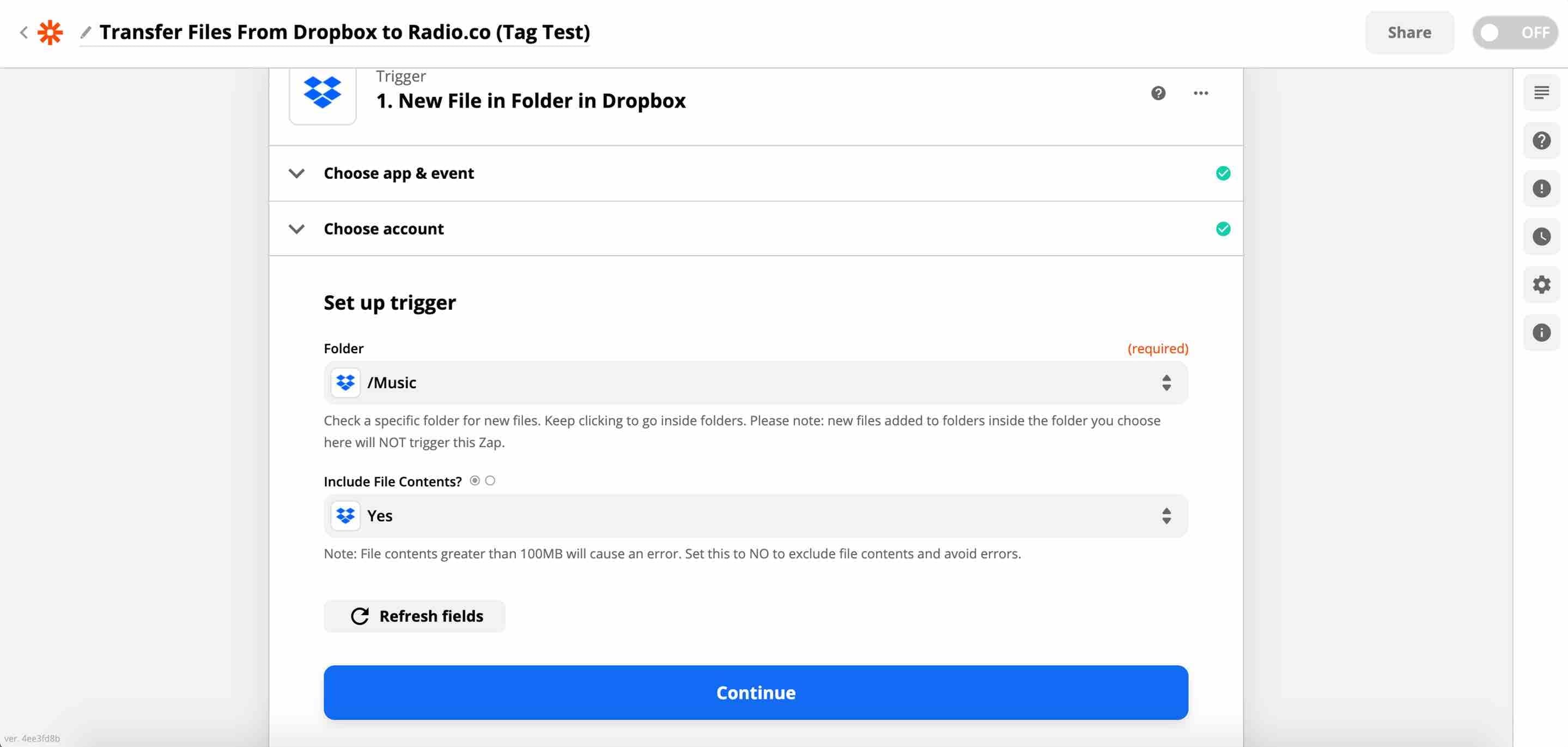 Image is a screenshot showing the Zapier Trigger window on the new Dropbox file step.