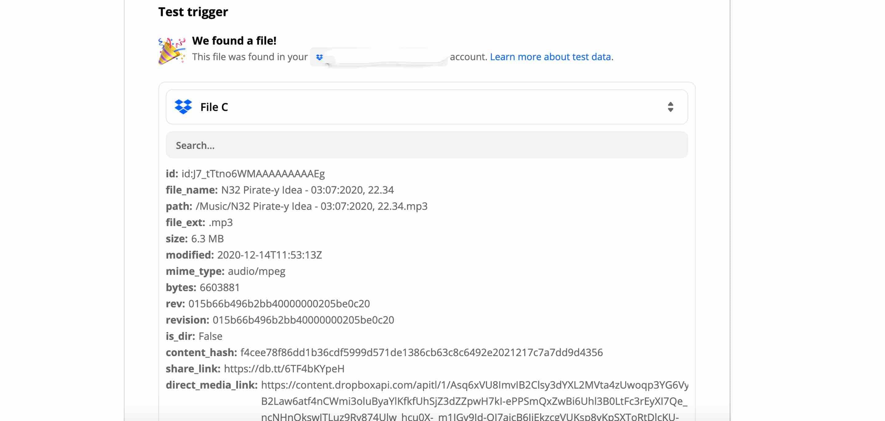 Image is a screenshot of the Zapier window for testing trigger.