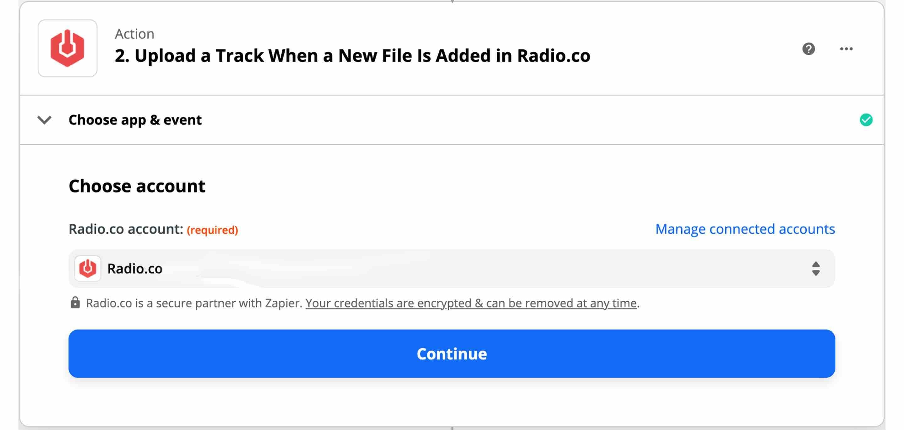 Image is a screenshot of the Zapier window with a dropdown for Radio.co accounts.