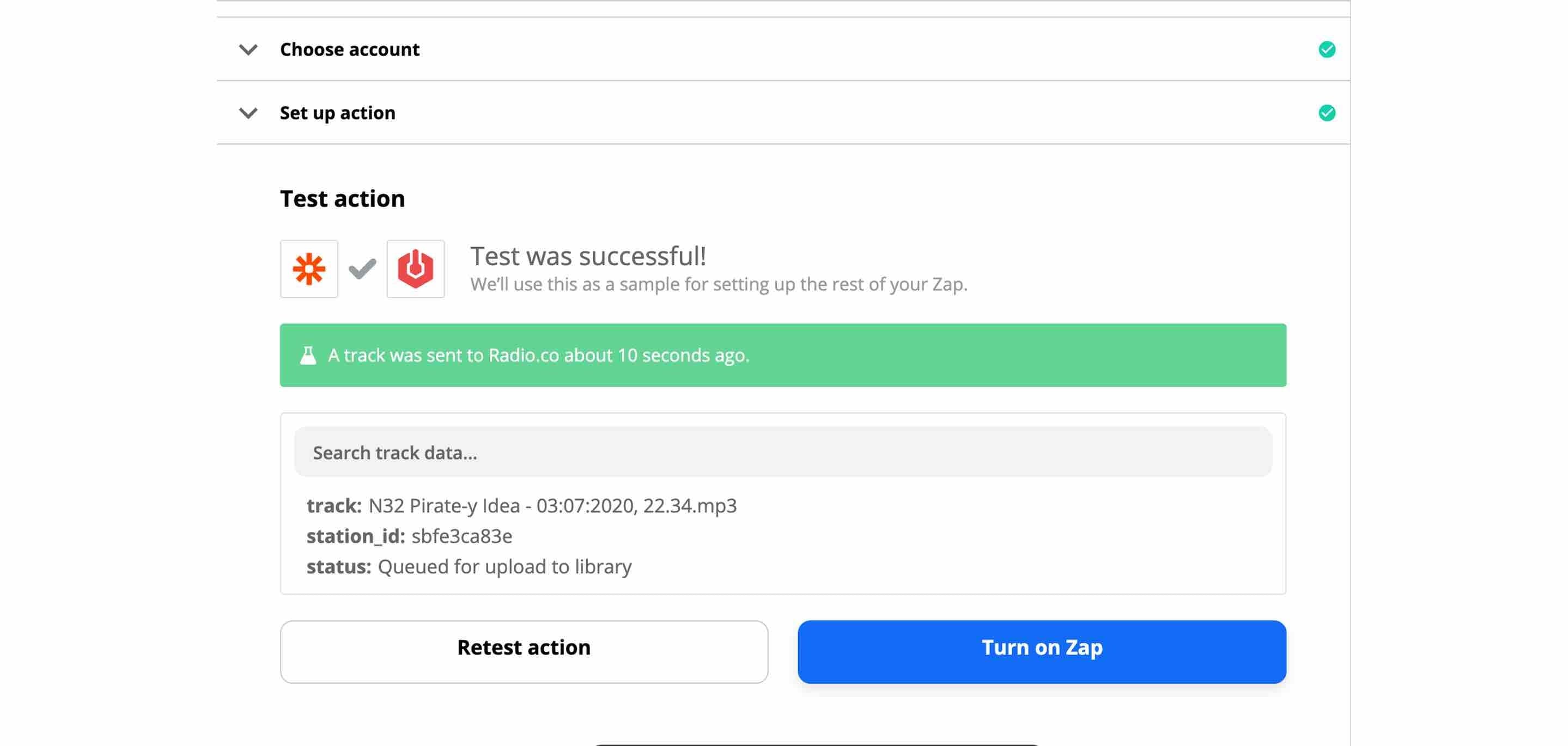 Image is a screenshot showing the Test Action tab in Zapier.