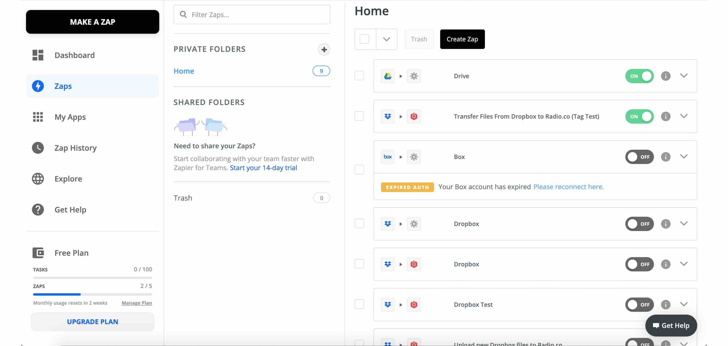 Image is a screenshot showing the Zaps page in Zapier.