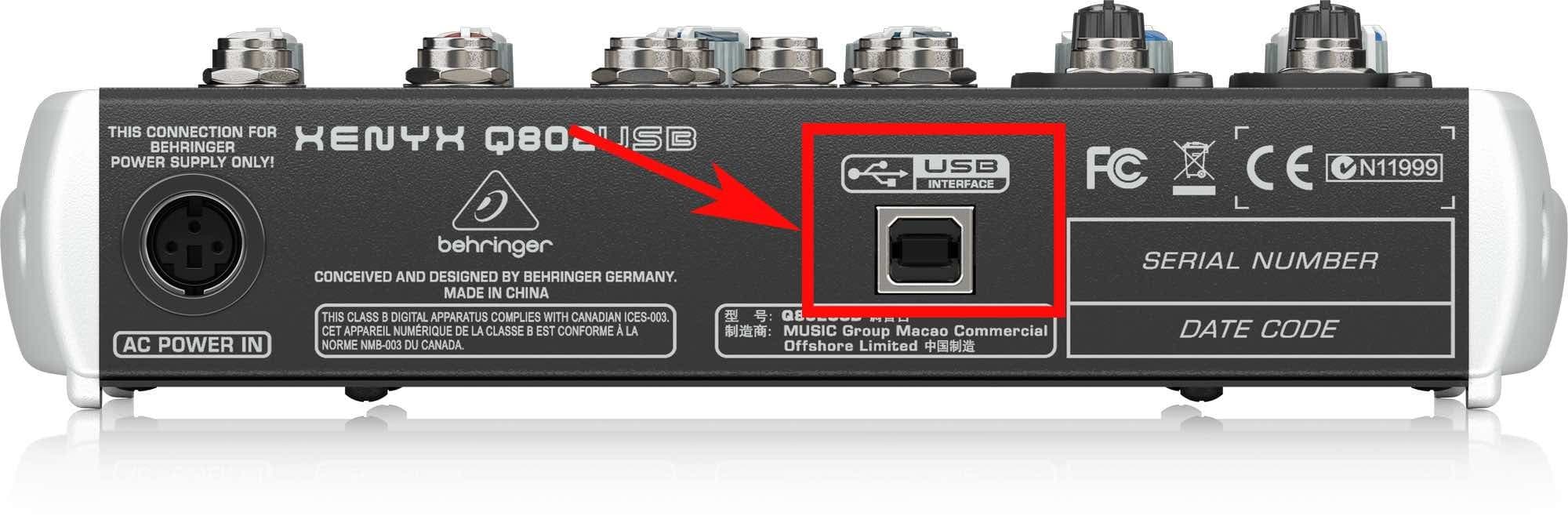 Image shows the back of a Behringer XENYX 802USB and the USB port is highlighted with a red box and arrow.