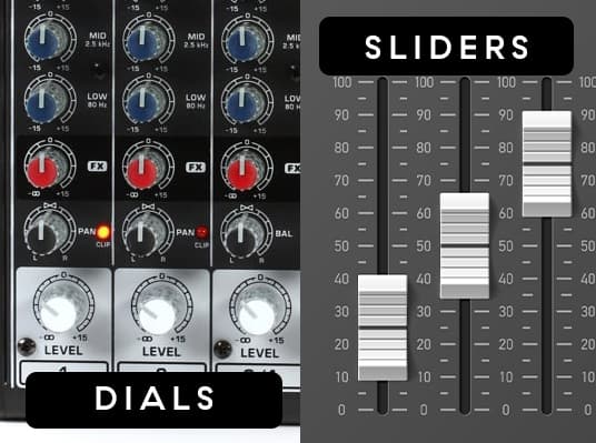 Image shows the dials of a live mixer and the sliders of a virtual mixer side by side.