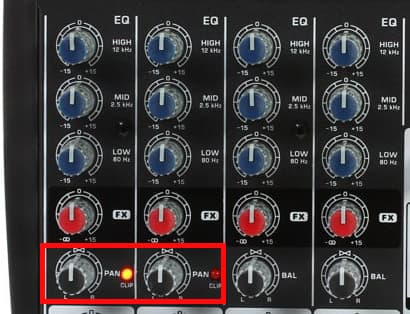 Image shows a live mixer with the pan dials highlighted by a red arrow and box.