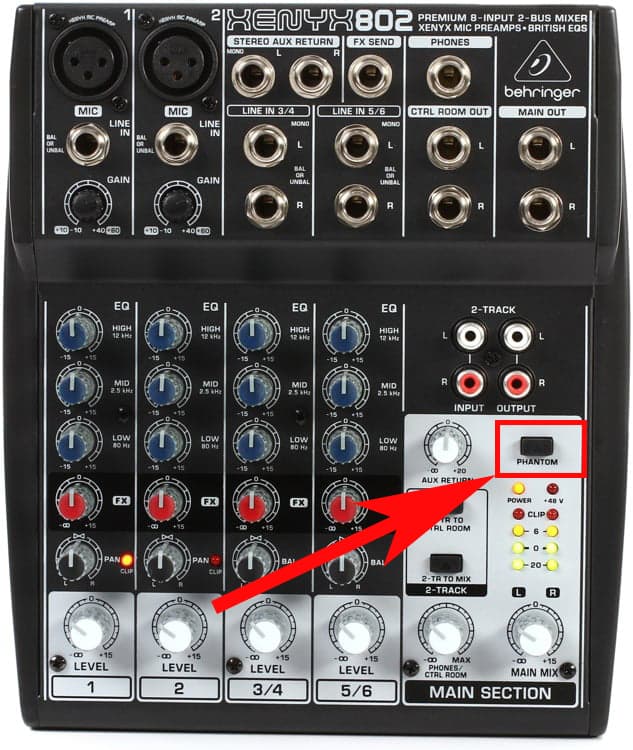 Image shows the a live mixer with the phantom power button highlighted by a red box and arrow.