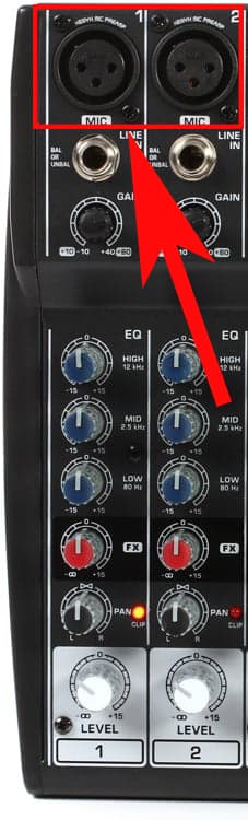 Image shows a section of a live mixer, with the XLR inputs highlighted by a red box and arrow.