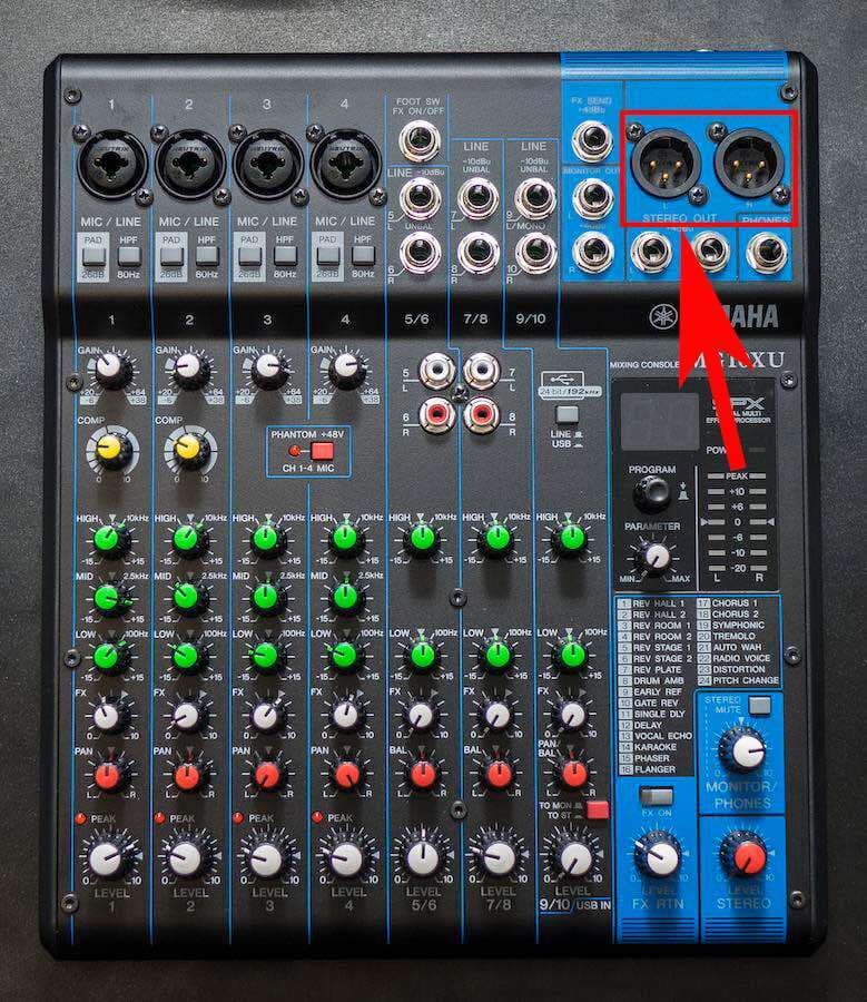 Image shows a Yamaha mixer with the XLR outputs highlighted with a red box and arrow.