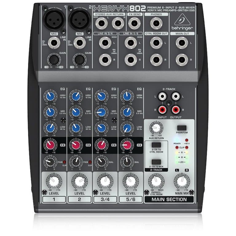 Image shows the Behringer 802 mixing desk, with various inputs and knob controls.