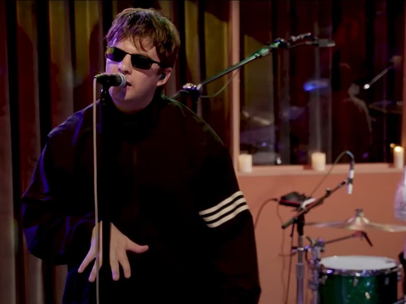 Image shows the frontman of Fontaines DC, performing in studio for KCRW live.