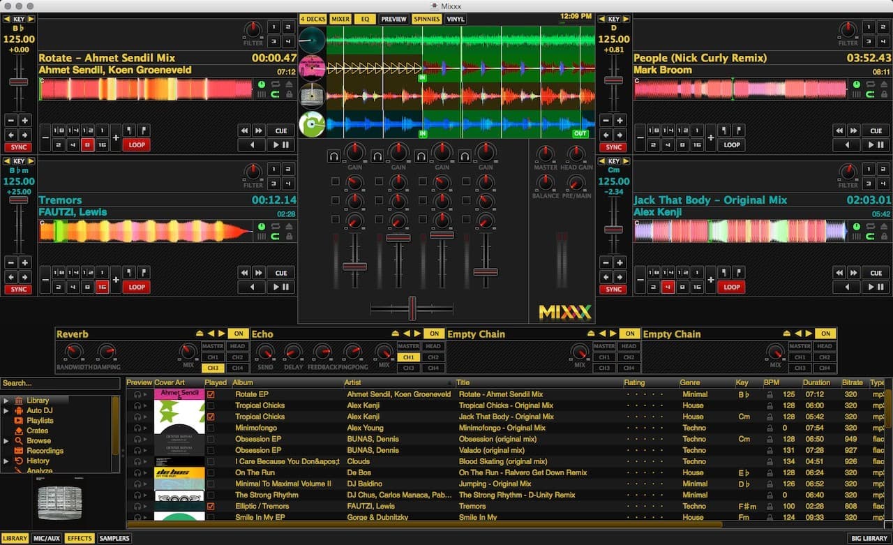 This is a screenshot of how Mixxx appears, a black and yellow list of songs with a sound mixer on the top right.