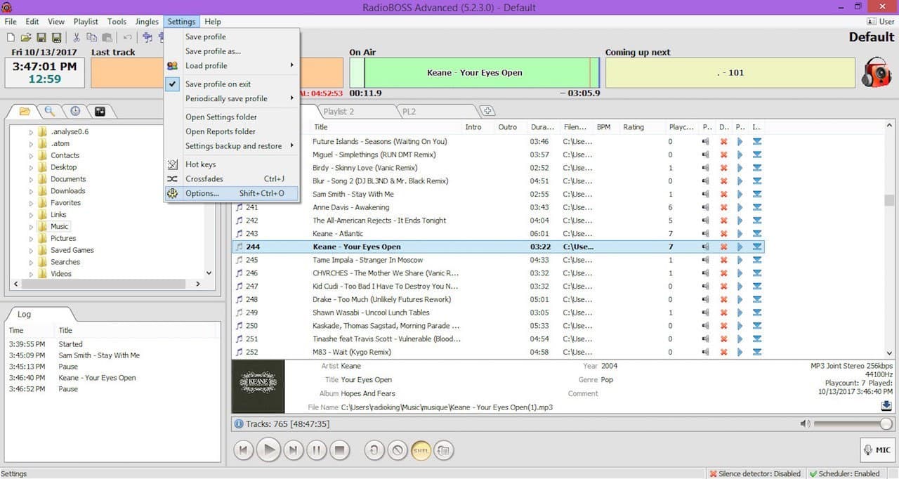 This is an image of how RadioBOSS appears, a white and purple list screenshot.