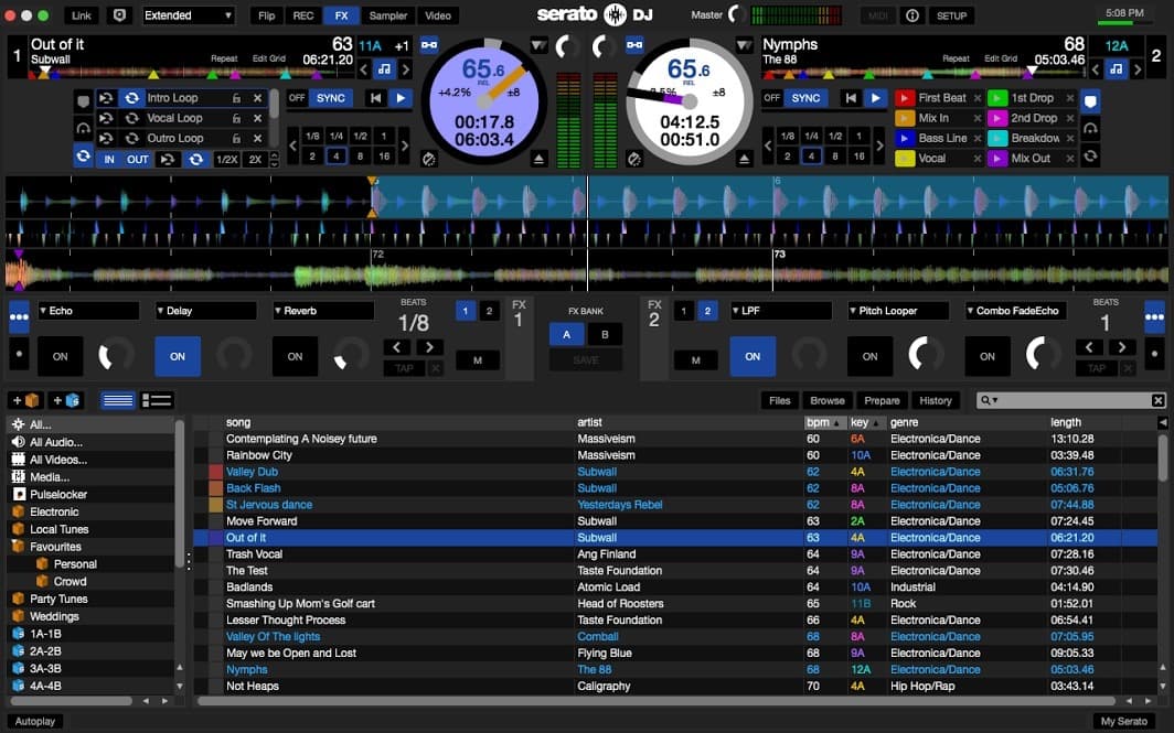 This is a black and purple screenshot of how Serato DJ appears, a list of songs with a mixer visible at the top.