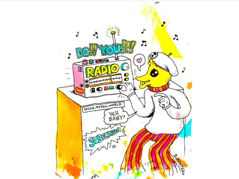 Image is a cartoon design for Do!! You!!! Radio, featuring a duck playing a radio set.