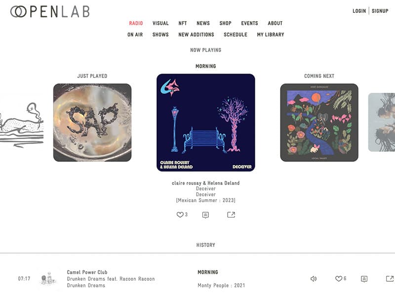 Image shows the OpenLab radio tab on their website, showing the album artwork: for the currently playing, previously played and upcoming songs.