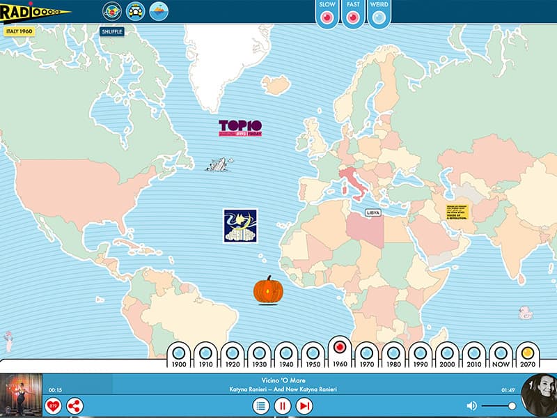 Image is a screenshot of the Radiooooo website, showing a world map, a radio player banner and buttons representing each decade from 1900 onwards.