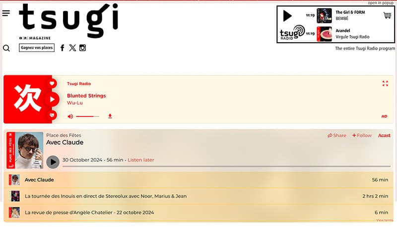 Image shows the tsugi radio website, featuring a large radio player and recently played tracklist below.
