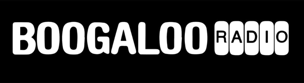 Image is the artwork for Boogaloo Radio. It features a black background and white font that reads