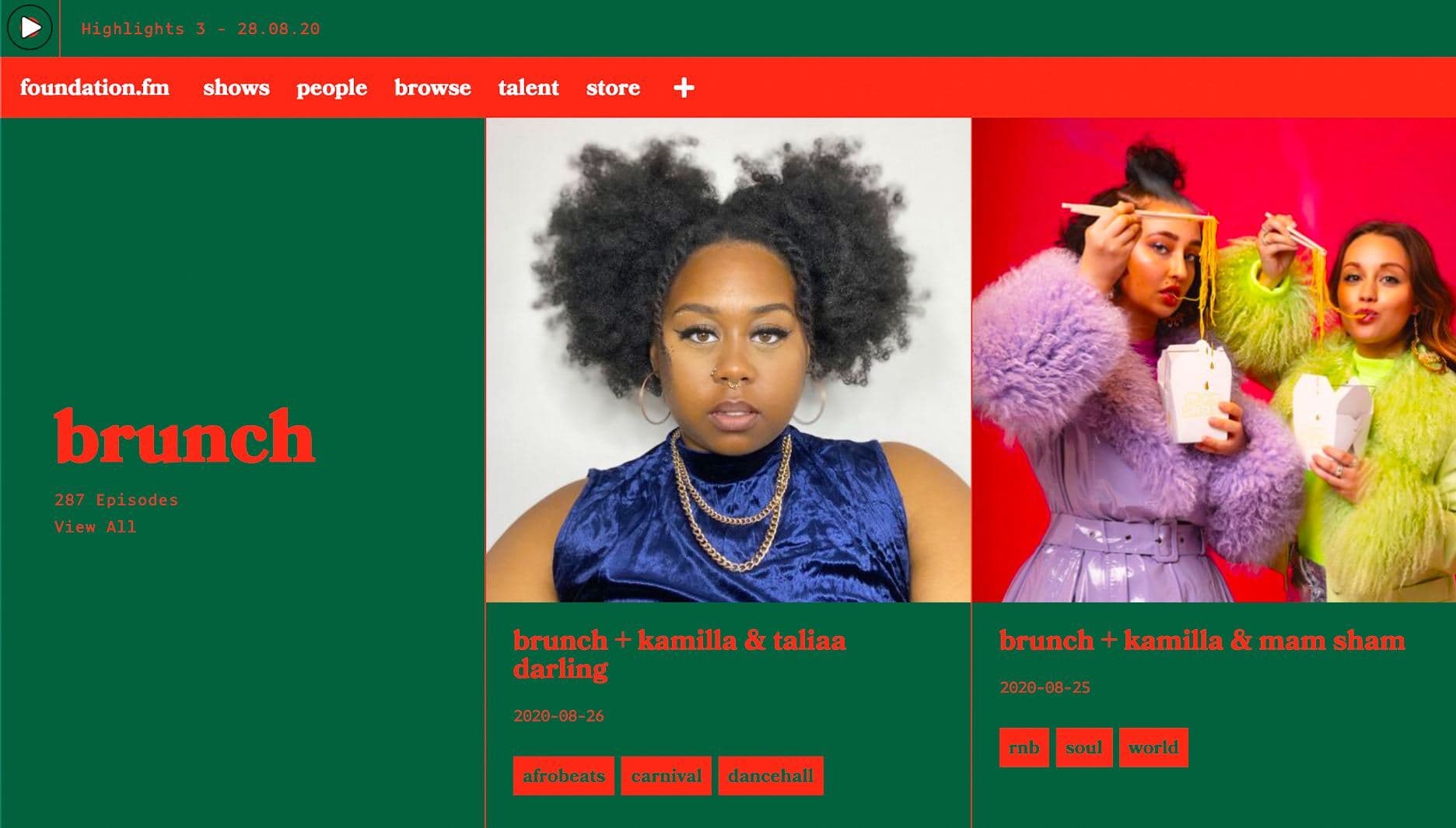 Image is a screenshot from the original Foundation.fm website. It is a green background, with red font and a red banner, as well as two pictures of radio hosts.