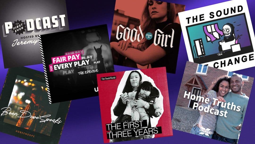 Image shows a collection of different artworks for podcasts produced by Cue.