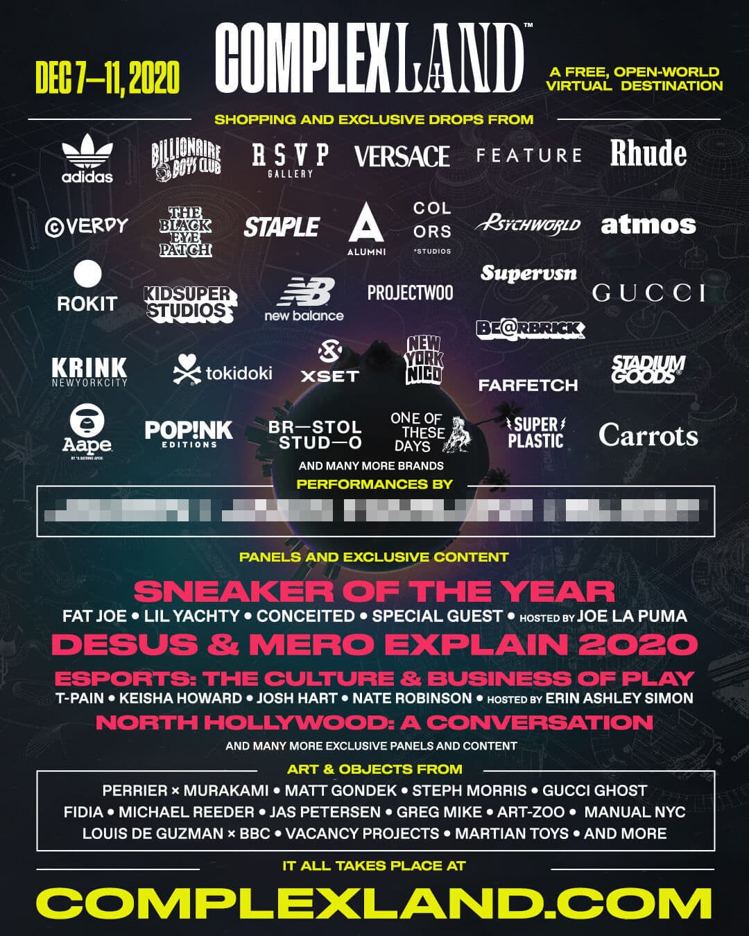 Image shows the ComplexLand line up poster, listing the acts and brands involved in the event.