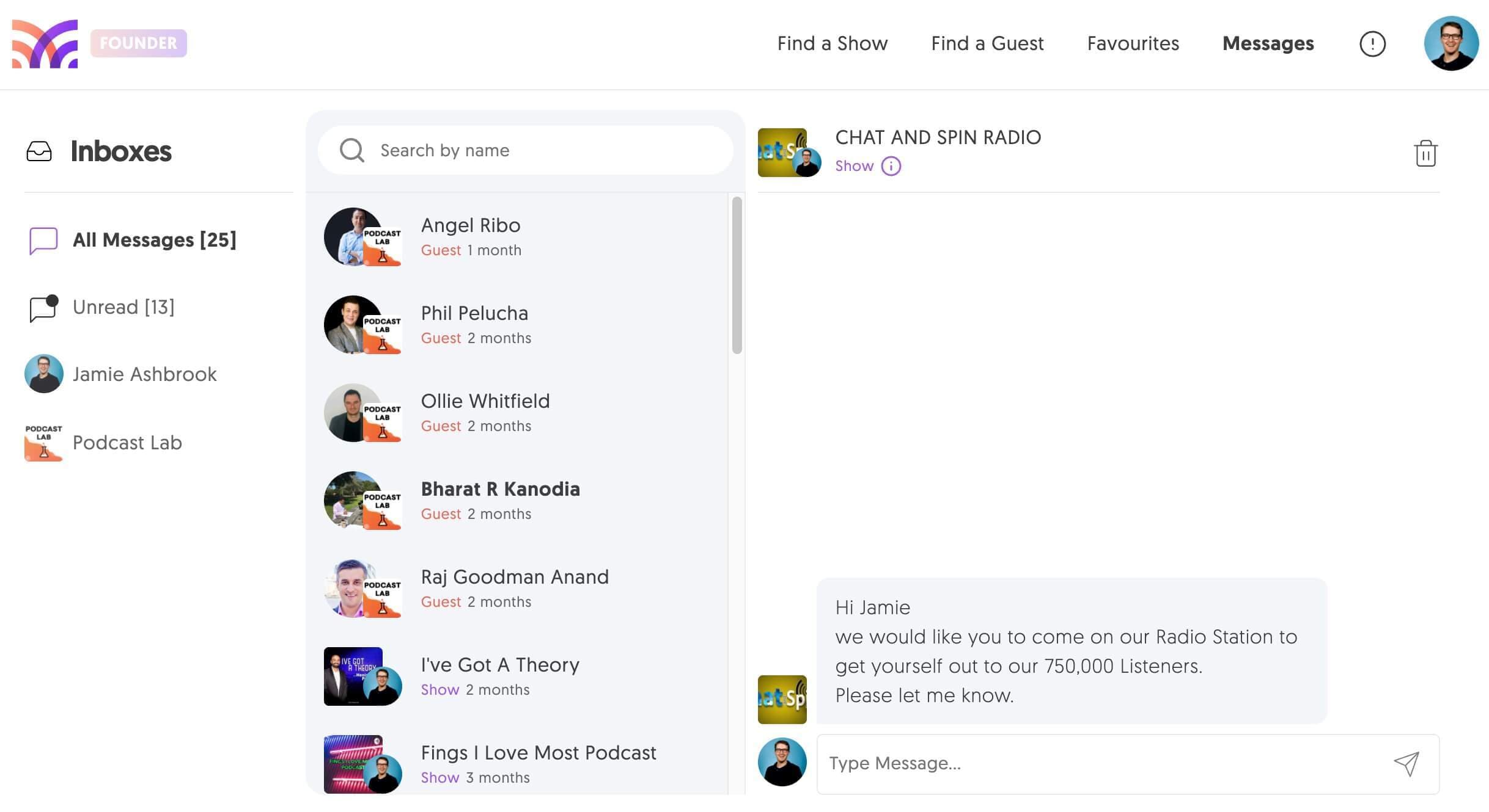 Image shows the message function in Matchmaker.fm.