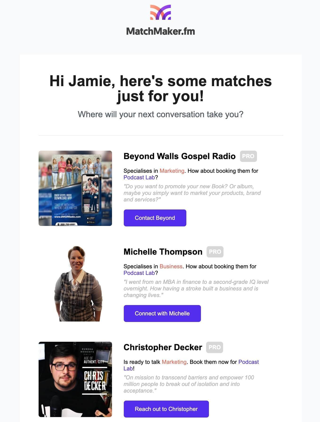 Image shows the MatchMaker guest recommendations email.