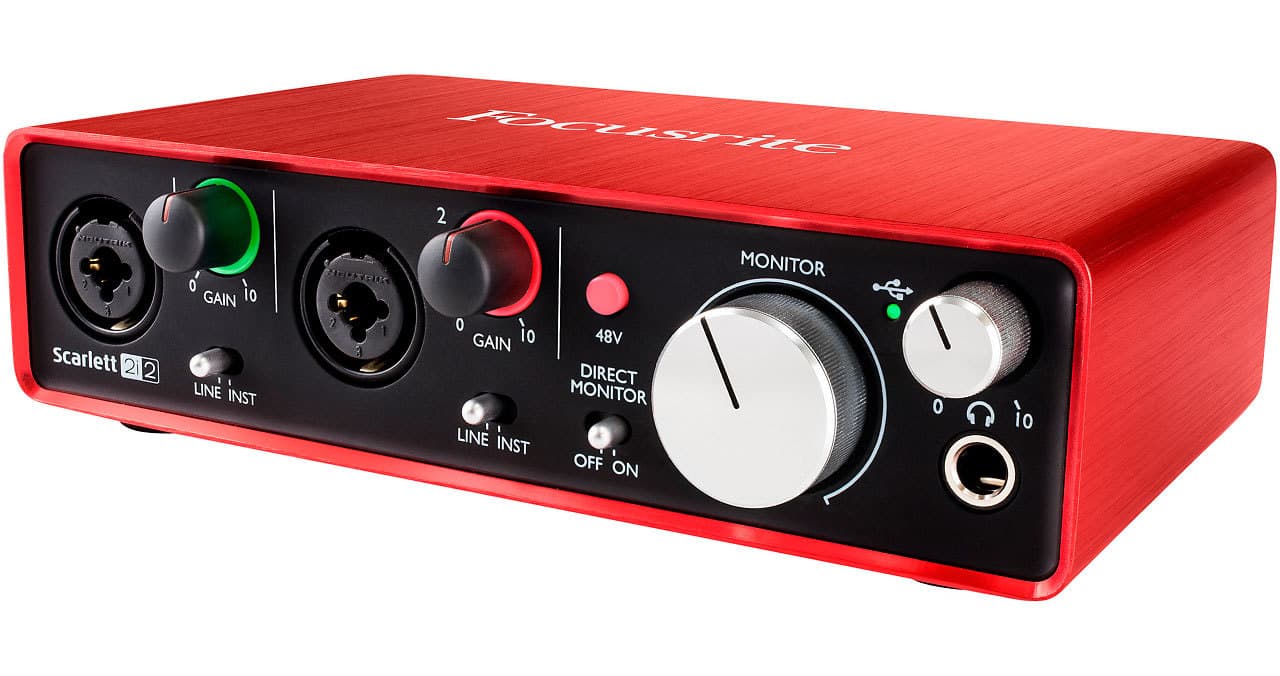 Image shows a red Focusrite Scarlett 2i2 interface against a white background.