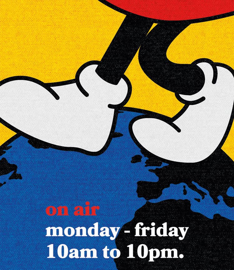 Image is artwork for Foundation.fm, showing an animated pair of legs with a pair of lips on top as the body, walking across the globe. Text reads "on air, monday-friday 10am to 10pm"