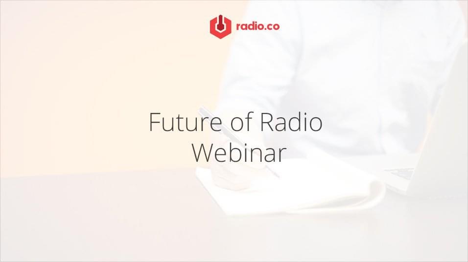This is a plain white background over a very faded indecipherable image. The top is a red radio.co logo. The bottom reads Future Of Radio in plain black text.