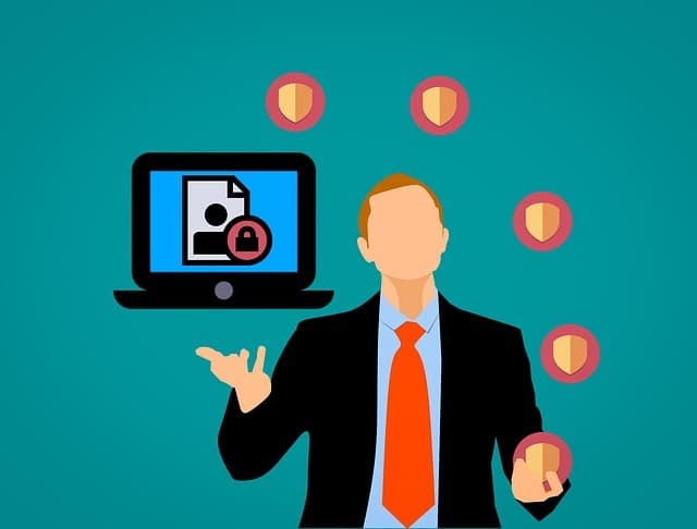 Image is a decorative animation showing a man juggling balls and one laptop that represents data protection.