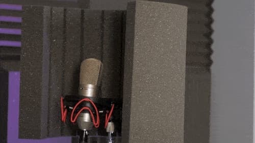 Image shows a microphone resting against the foam panels that make up a sound booth.