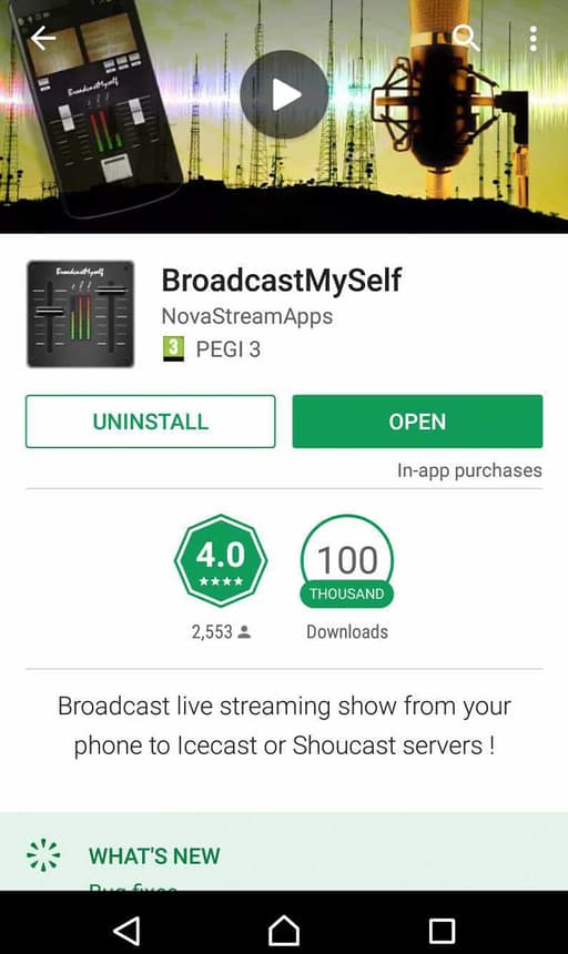 This is a screenshot of the BroadcastMySelf homepage. It is green and has options to Uninstall and Open the App among other details.