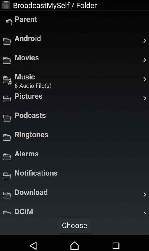 This is a list of folders on BroadcastMySelf, in white text against a black backdrop.