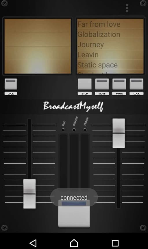 This is an image of a connected BroadcastMyself mixing page, with an image of two silver mixing knobs present.