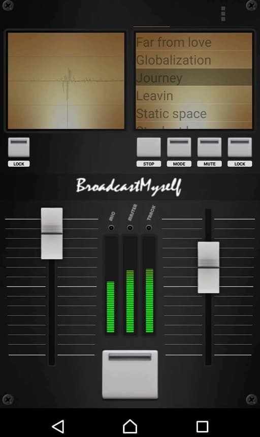 This is the same image as above, but here there are three green bars in the centre of the two audio faders.